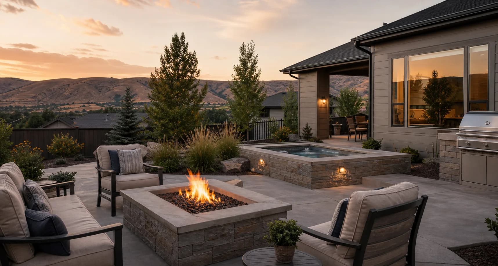 Idaho backyard outdoor living space with a built-in gas fire pit